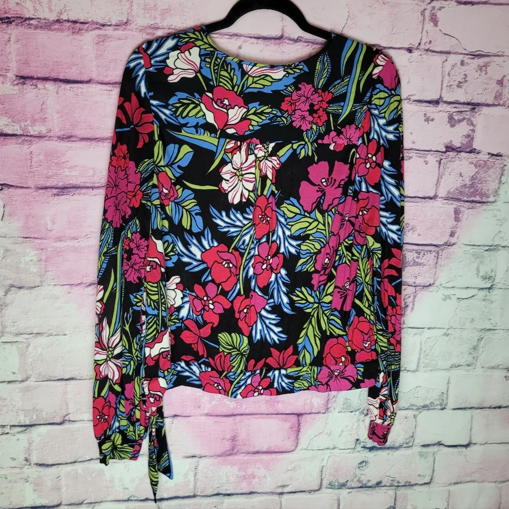 TINY FLORAL WRAP FRONT LONG SLEEVE BOHO TIE WAIST TOP LARGE - Picture 2 of 15
